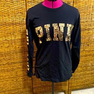 NWOT PINK Victoria's Secret | Bling Sequins Top Gold Graphic Long Sleeve Tee XS